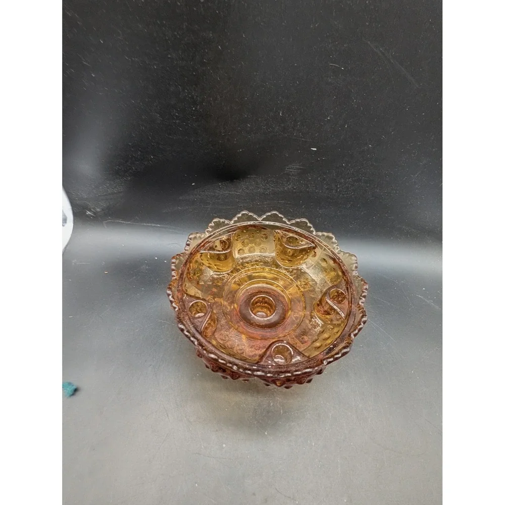 Vintage Amber Fenton Glass Hobnail Console Bowl Scalloped Edge 6 Candle Holder